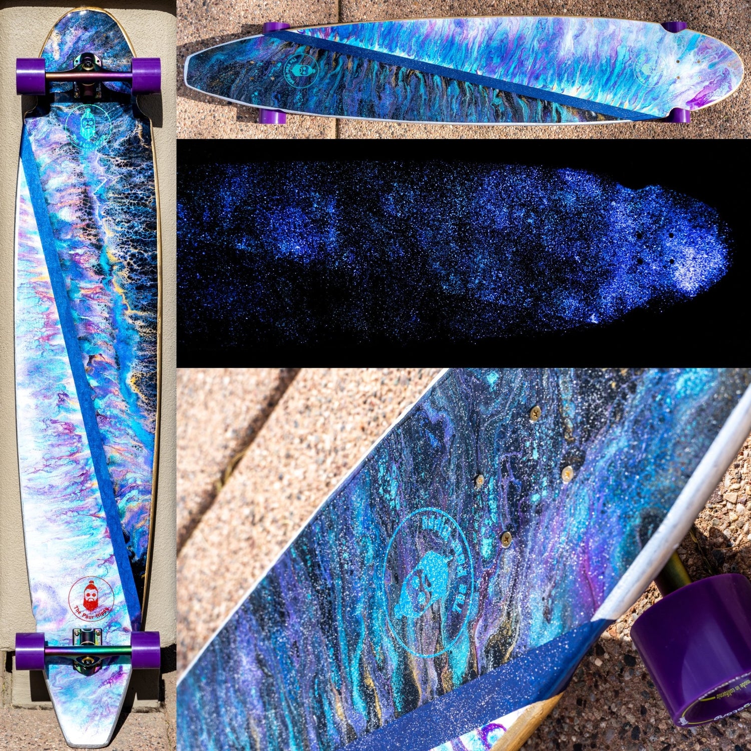 Cosmic Aurora, a 5 foot double-sided painted longboard with glow in the dark grip